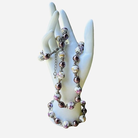 VTG Necklace + Bracelet‎ Glass Purple White Beads Flower Silver Tone Spacers 21" - Picture 1 of 12